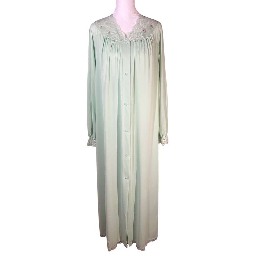 Vintage Shadowline Women's L Mint Green Lace Floral 2pc Peignoir No Gown Tie